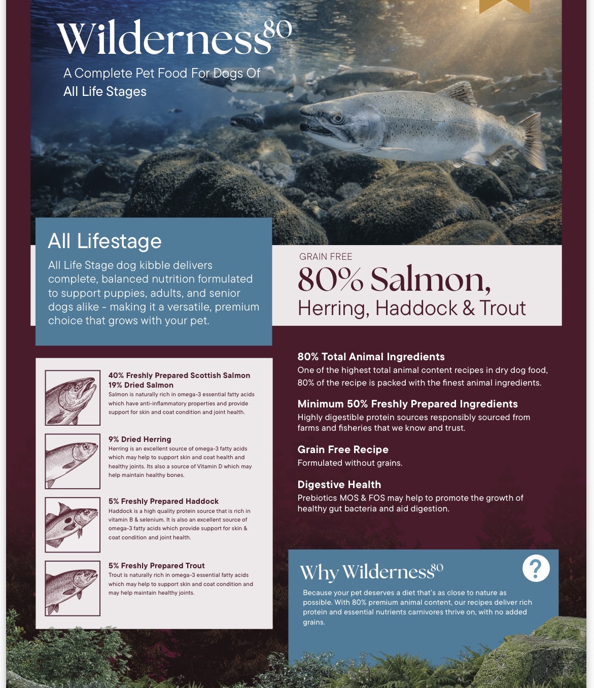 Wilderness 80 Grain Free Dog Food For All Lifestages – Salmon, Herring, Haddock & Trout