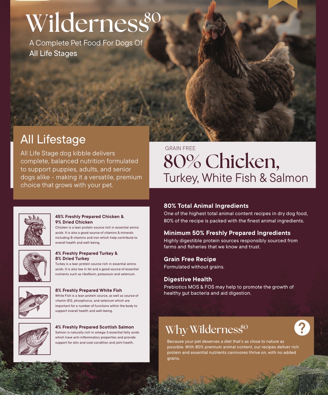 Wilderness 80 Grain Free Dog Food For All Lifestages – Chicken, Turkey, White Fish & Salmon